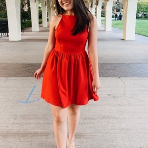 Red halter dress with open back